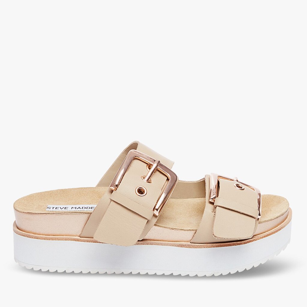 Steve Madden Sandal Slides Tan Sand Cream Size 7 Medium Width Buckle Platform